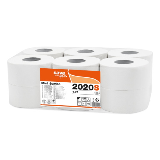Tualetes papīrs SAVE Plus Mini 150, balts, 2-kārt., 12gab, Ø19