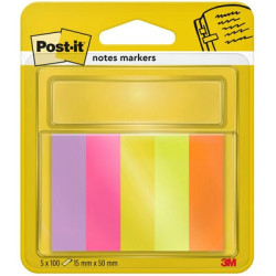 Indeksi 3M Post-it 15x50mm, 5x100 lapiņas, neona