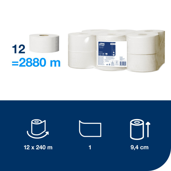 Tualetes papīrs Tork 120161 Universal Jumbo Mini T2, pelēks, 1 slānis, 240 m, 2400 lapas, 12 ruļļi
