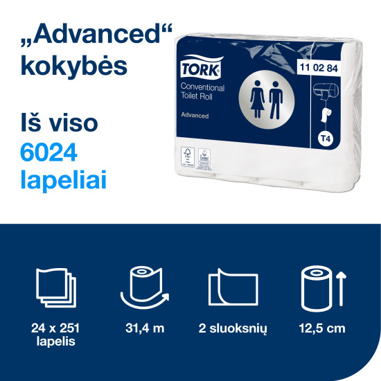 Tualetes papīrs Tork 110284 Advanced T4, balts, 2 slāņi, 35m 248 lapas, 24 ruļļi