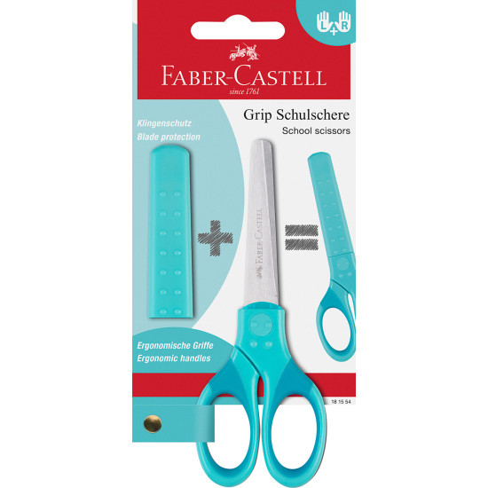 Šķēres bērniem Faber-Castell Grip, ar aizsargvāciņu, tirkīza