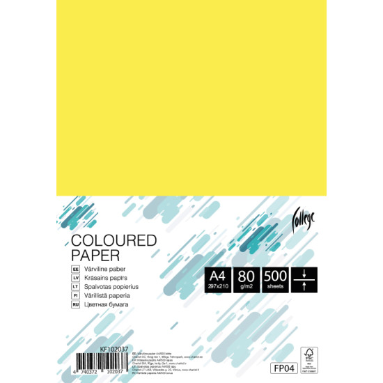 Krāsains papīrs College A4 80g/m², 500 loksnes, FP04, Yellow