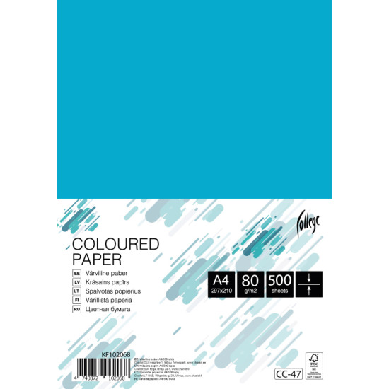 Krāsains papīrs College A4 80g/m², 500 loksnes, CC47, Lake blue