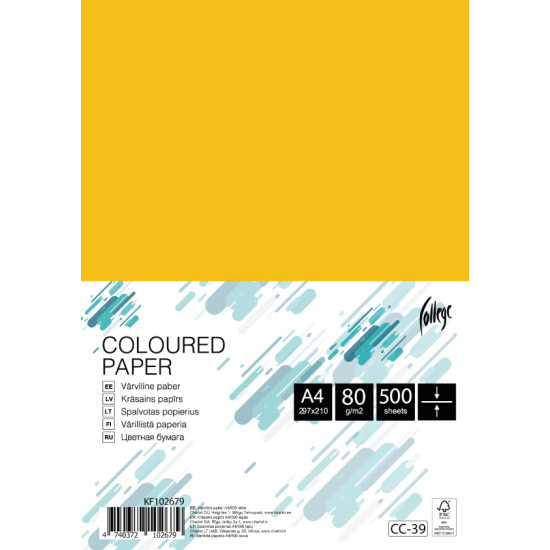 Krāsains papīrs College A4 80g/m², 500 loksnes, CC39, Yellow
