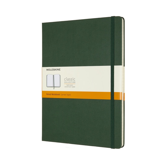 Piezīmju grāmata ar gumiju Moleskine 19x25cm, 192 lapas, līniju, cietos vākos, zaļa