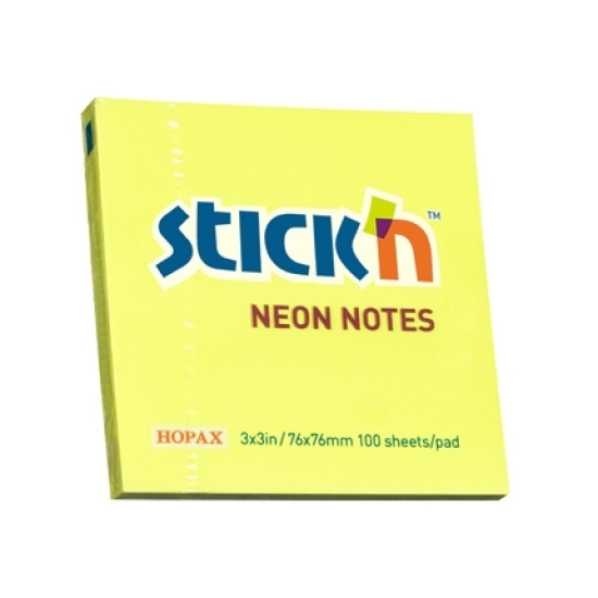 Līmlapiņas StickN 21133 76x76mm, 100 lapiņas, neona dzeltenas