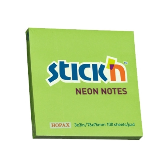 Līmlapiņas StickN 21167 76x76mm, 100 lapiņas, neona zaļš