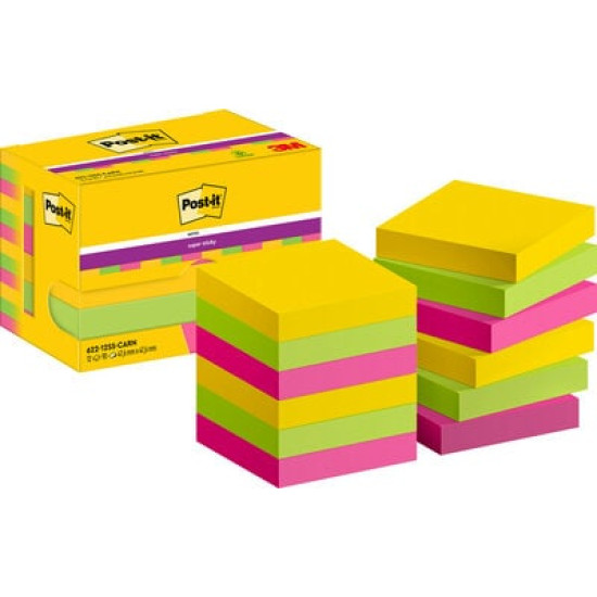 Līmlapiņas 3M Post-It Super Sticky Carnival 47.6x47.6mm, 12gab/iep, asorti