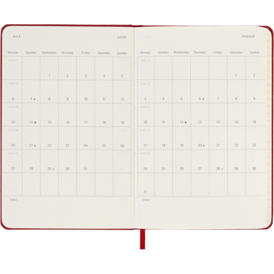 Kalendārs-piezīmju grāmata Moleskine 2026 9x14cm, nedēļa, cieti vāki, sarkans