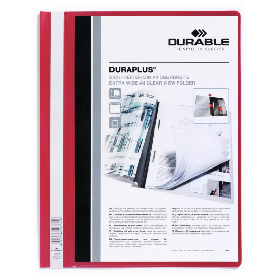 Mape-ātršuvējs Durable Duraplus A4+, ar kabatu priekšējā vākā, sarkana