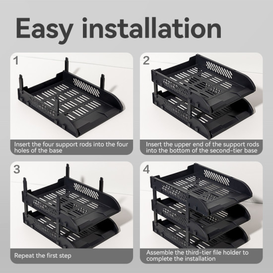 Horizontāls plastmasas plauktu komplekts Deli A4, 3 nodalījumi, melns
