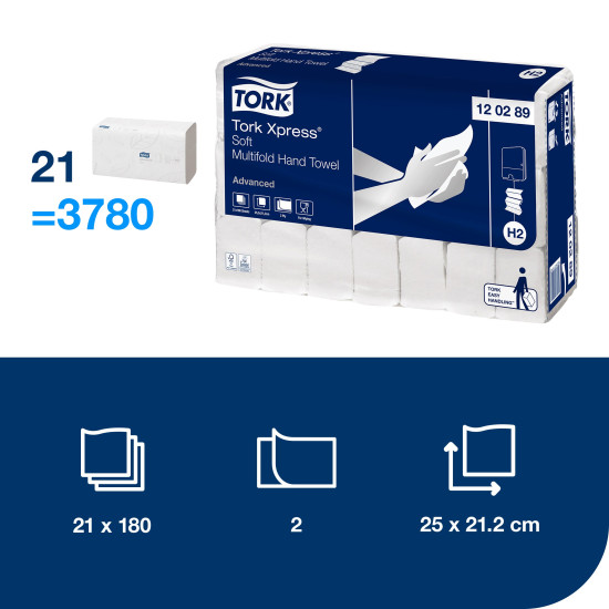 Papīra salvetes Tork 120289 Multifold Advanced Soft H2, 2 slāņi, baltas, 180 salvetes, 1 paciņa