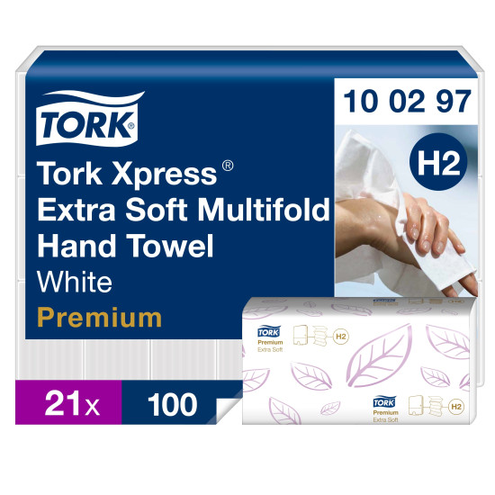 Papīra salvetes Tork 100297 Multifold Premium Extra Soft H2, 2 slāņi, baltas, 100 salvetes, 21 paciņa