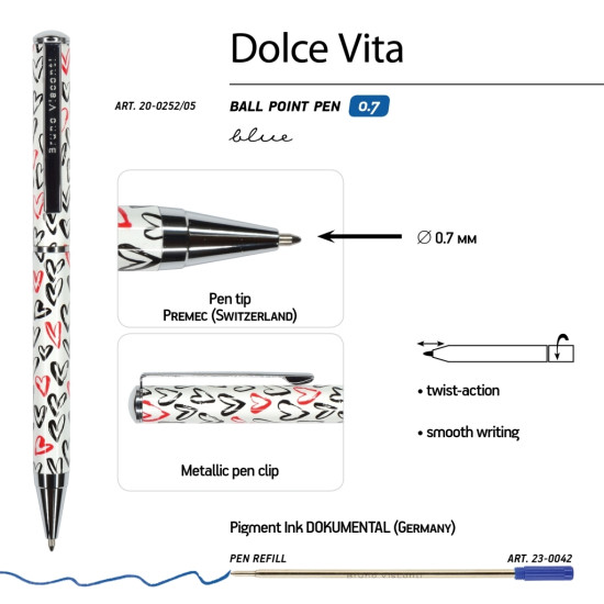 *Lodīšu pildspalva HobbyTime Dolce Vita Sirdis, pagriežama, 1mm, zila