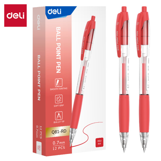 Lodīšu pildspalva Deli Q81-RD, 0.7mm, automātiska, sarkana