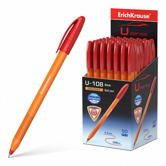 ***Lodīšu pildspalva Erich Krause U108 Orange Stick, 1,0mm, sarkana kr