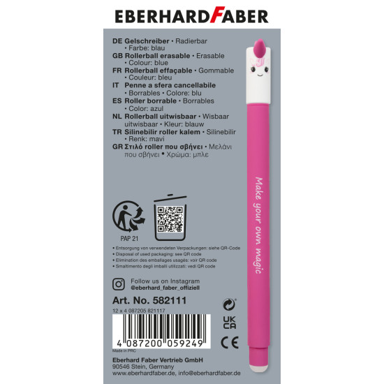 Gēla pildspalva EberhardFaber Erase it! Unicorn, 0.7mm, izdzēšama, zila