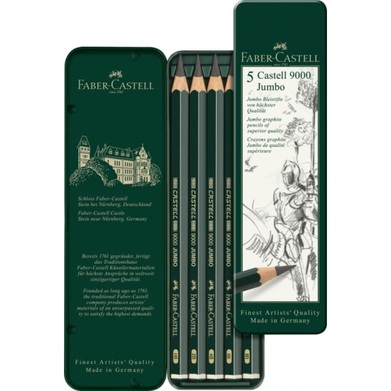 Zīmuļu komplekts Faber-Castell 9000 Jumbo HB-8B, metāla kārbā, 5gab