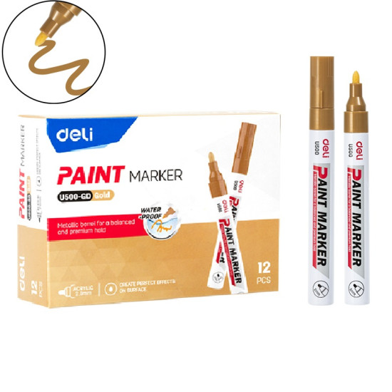 Permanentais marķieris Deli U500, 2-4mm, zelta krāsā