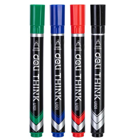 Permanentu marķieru komplekts Deli U101, 1.5-5mm, nošķelts, 4 krāsas