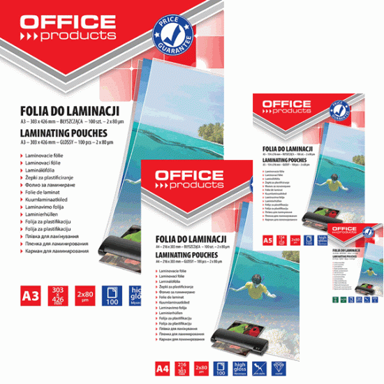 ***Laminēšanas plēves Office Products A3, 80mikr., 100 loksnes, glancētas