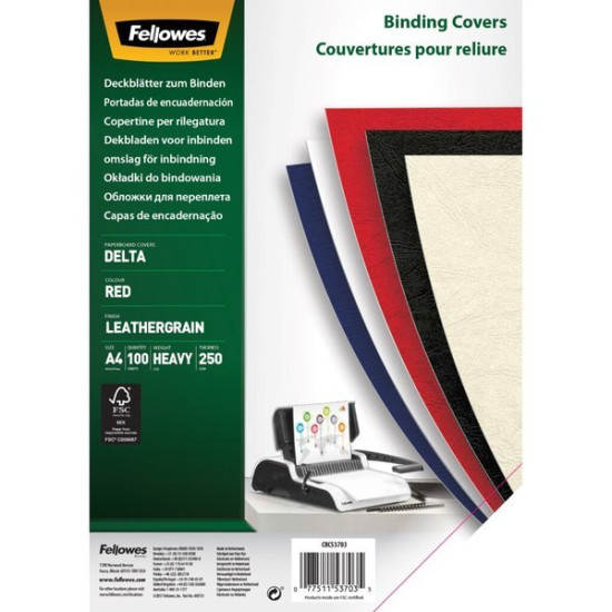 Iesiešanas vāki Fellowes Delta A4, 250g/m², kartona, 100gab/iep., sarkani