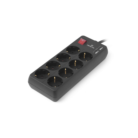 Pagarinātājs ar zemējumu un slēdzi REAL-EL RS-8F,  2 USB-A porti, 8-vietīgs, 3.0m, melns
