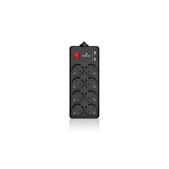 Pagarinātājs ar zemējumu un slēdzi REAL-EL RS-8F,  2 USB-A porti, 8-vietīgs, 3.0m, melns