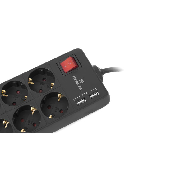 Pagarinātājs ar zemējumu un slēdzi REAL-EL RS-8F,  2 USB-A porti, 8-vietīgs, 3.0m, melns