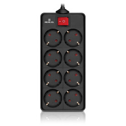 Pagarinātājs ar zemējumu un slēdzi REAL-EL RS-8 PROTECT, 8-vietīgs, 3.0m, melns