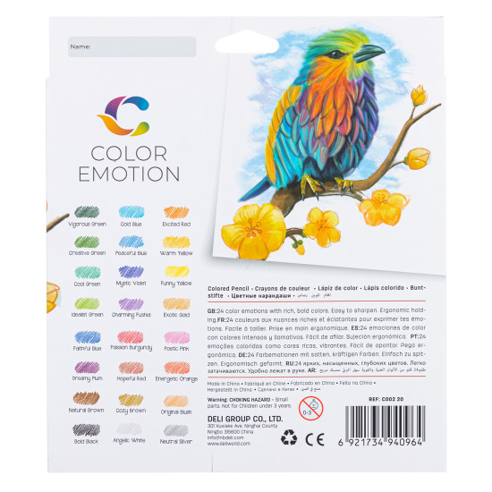 Trīsstūrveida krāsainie zīmuļi DELI EMOTION EC00220, 24 krāsas