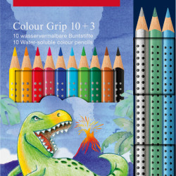 Trīsstūrveida akvareļu zīmuļi Faber-Castell Colour Grip Dinosaurus 10+3 krāsas