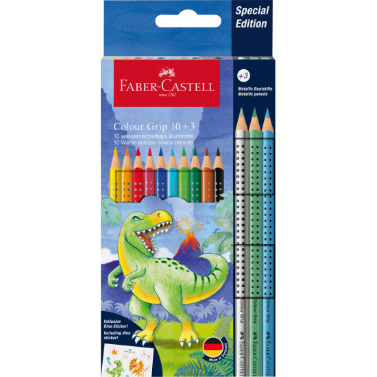 Trīsstūrveida akvareļu zīmuļi Faber-Castell Colour Grip Dinosaurus 10+3 krāsas