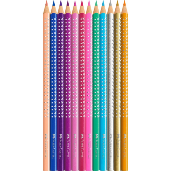 Trīsstūrveida krāsainie zīmuļi Faber-Castell Sparkle, metāla kārbā, 12 krāsas