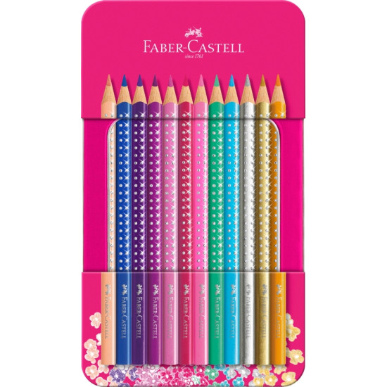 Trīsstūrveida krāsainie zīmuļi Faber-Castell Sparkle, metāla kārbā, 12 krāsas