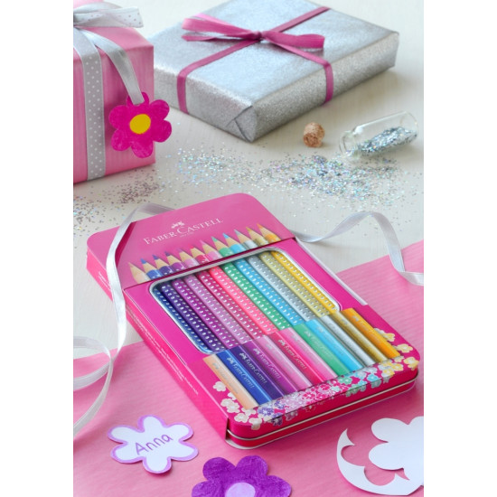 Trīsstūrveida krāsainie zīmuļi Faber-Castell Sparkle, metāla kārbā, 12 krāsas