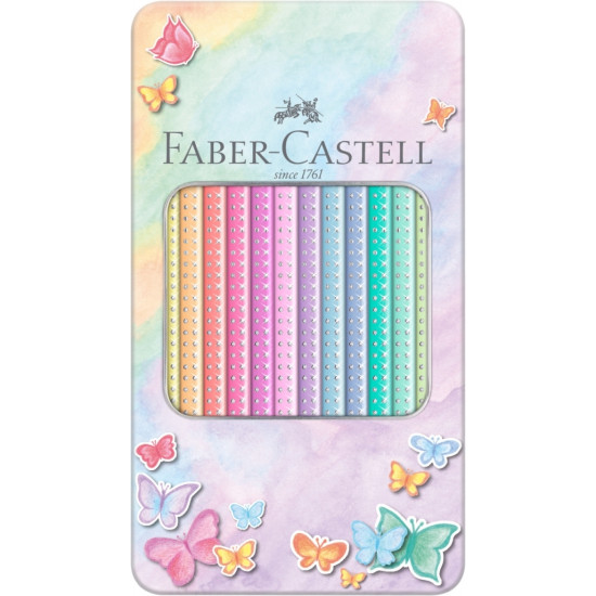 Trīsstūrveida krāsainie zīmuļi Faber-Castell Sparkle, metāla kārbā, 12 pasteļkrāsas