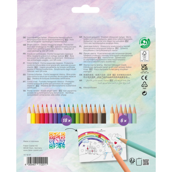 Trīsstūrveida krāsainie zīmuļi Faber-Castell Colour Grip Unicorn 18+6 krāsas