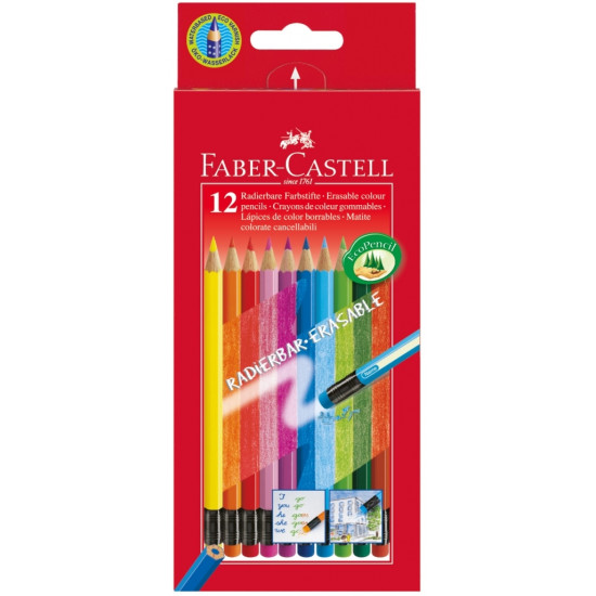 Krāsainie zīmuļi ar dzēšgumiju Faber-Castell, 12 krāsas