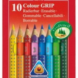 Trīsstūrveida krāsainie zīmuļi Faber-Castell Grip 2001, ar dzēšgumiju, 10 krāsas