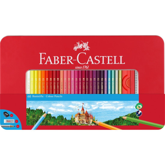 Krāsainie zīmuļi Faber-Castell Classic, metāla kārbā, 60 krāsas
