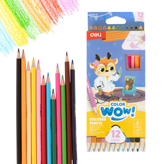 Trīsstūrveida krāsainie zīmuļi Deli C138-12 ColorWow, 3mm, 12 krāsas