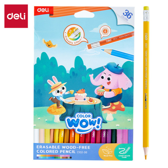 Krāsainie zīmuļi Deli Wood-free, izdzēšami, 36 krāsas