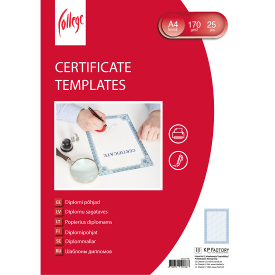 Diplomi College A4, 170g/m², 25 loksnes, Zils rāmis