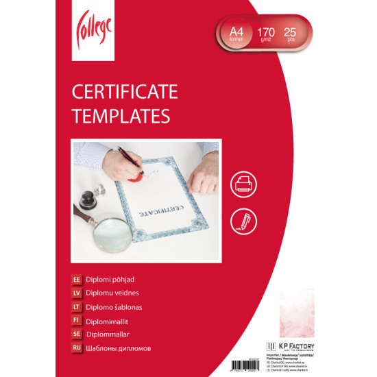 Diplomi College A4, 170g/m², 25 loksnes, Rozā marmors