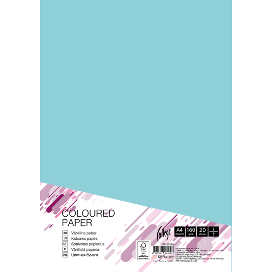 Krāsains kartons College A4, 160g/m², 20 loksnes, Medium blue, MB30
