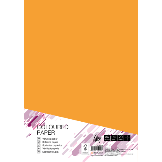 Krāsains kartons College A4, 160g/m², 20 loksnes, Medium orange AG10