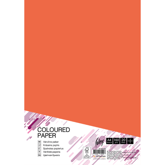 Krāsains kartons College A4, 160g/m², 20 loksnes, Intensive orange OR43