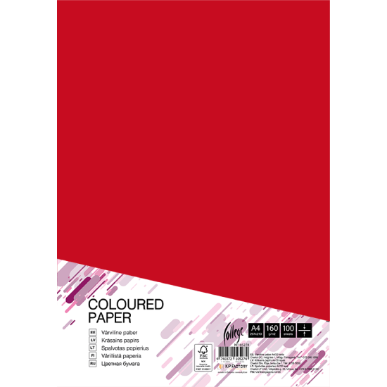 Krāsains kartons College A4, 160g/m², 100gab/iep., Red CC-60