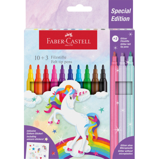 Flomāsteri Faber-Castell Unicorn 10+3 krāsas + uzlīmes